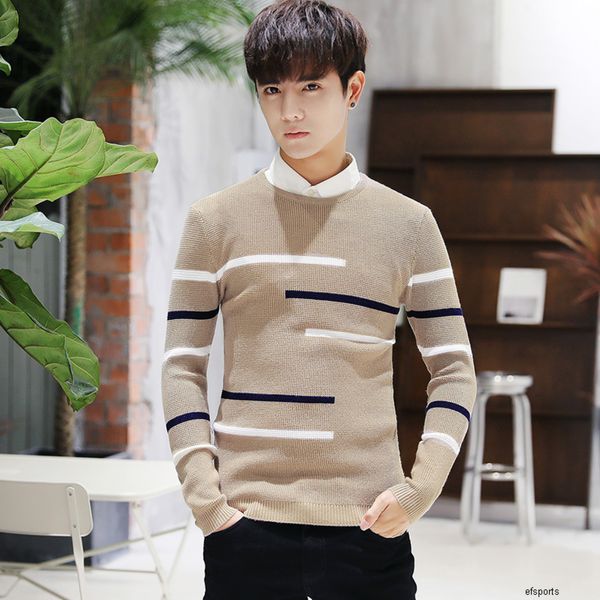 

autumn men's round collar turtleneck slim striped long sleeve sweater casual all-match fashion personalized sweaterh, White