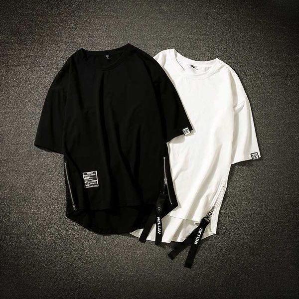 

streetwear cotton men t-shirt half length tee shirt homme hip hop ribbons side-zipper short sleeve men t shirt, White;black