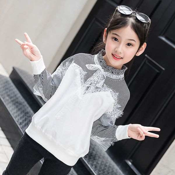 

2019 teenage children blouses for girls school uniforms full sleeve white striped shirts lace patchwork students 6 8 12 14, White;black