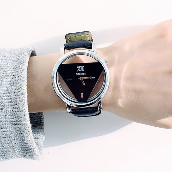 

women watches black white triangle hollow out quartz watch woman elegant ladies watch casual fashion, Slivery;brown