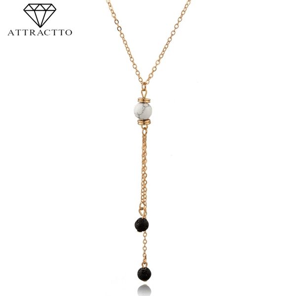 

attractto black lava natural stone beads necklaces&pendants for women chain long gold necklace charms jewelry necklace sne190010, Silver