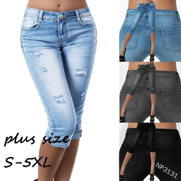 

2020 fashion skinny ripped demin calf-length pants women's mid-rise cropped casual trousers jeans boyfriend jeans for women, Blue