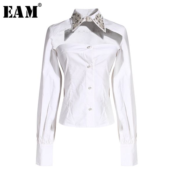 

eam] women white rhinestones hollow out blouse new lapel long sleeve loose fit shirt fashion tide spring summer 2020 1w908