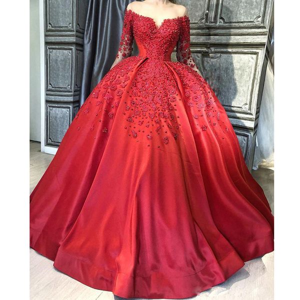 

unique red ball gown satin evening dresses sheer neck long sleeve beading abriac dubai prom gowns ruffles puffy celebrity dress, Black;red