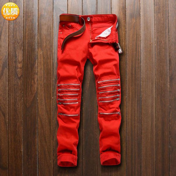 

man hole in the knee red cut bad elastic casual pants zipper more speed sell fashion pants sell like cakes, Blue