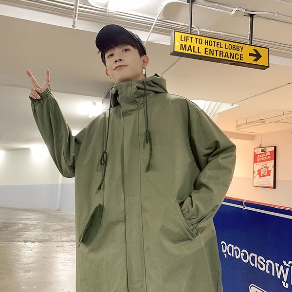 

осень новый ветровка мужская мода сплошной цвет повседневная с капюшоном длинная куртка пальто человек уличная одежда дикий хип-хоп свободна, Tan;black