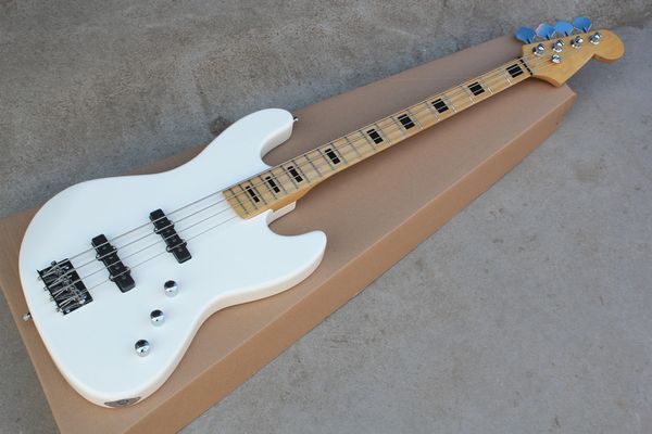 

factory new 4 strings maple fingerboard white body electric bass guitar with chrome hardware,black block inlay,2 pickups,offer customize