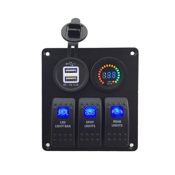 

3 gang boat car switch panel marine rocker switch panel 12~24v circuit control car dual usb charger with blue led