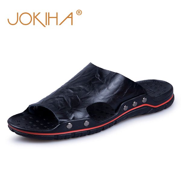 

summer new leather slippers for men split leather men's sandals fashion classic slide slipper man, Black