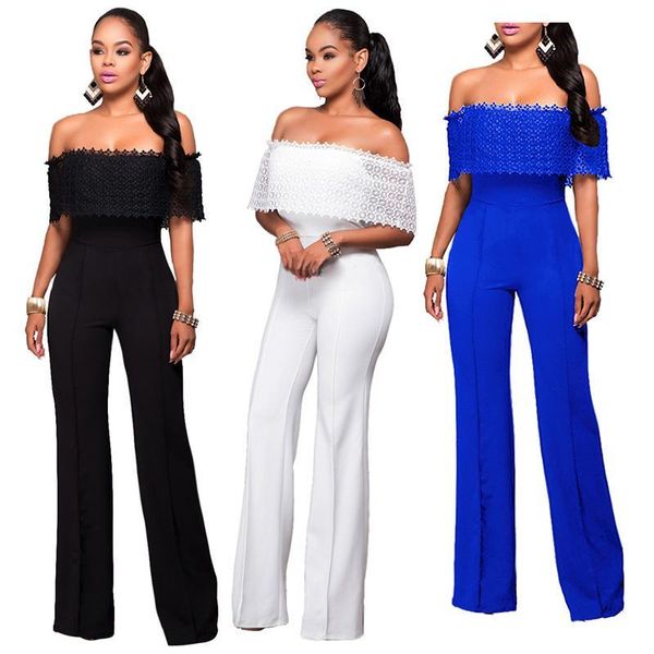 

women's jumpsuit ladies casual lace belt long sleeve off shoulder lace up jumpsuit female patchwork wide leg romper autumn, Black;white