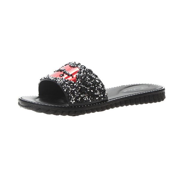 

rhinestone red lips slippers women slides flats women beach flip flops sandals shoes slippers casual shoes sandalias, Black