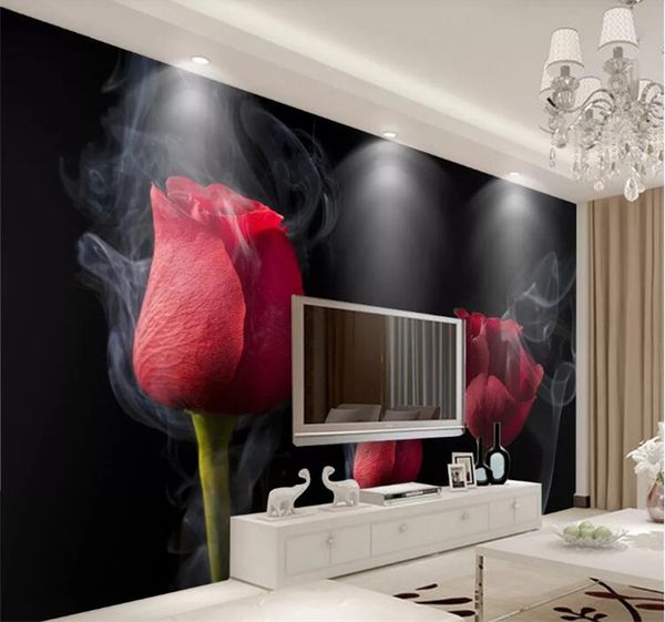 Wallpapers For Living Room Romantic Smoke Red Roses Tv Backdrop Wall Wallpaper For Walls 3 D Papier Peint Mural 3d Wallpapers For Desktop Background