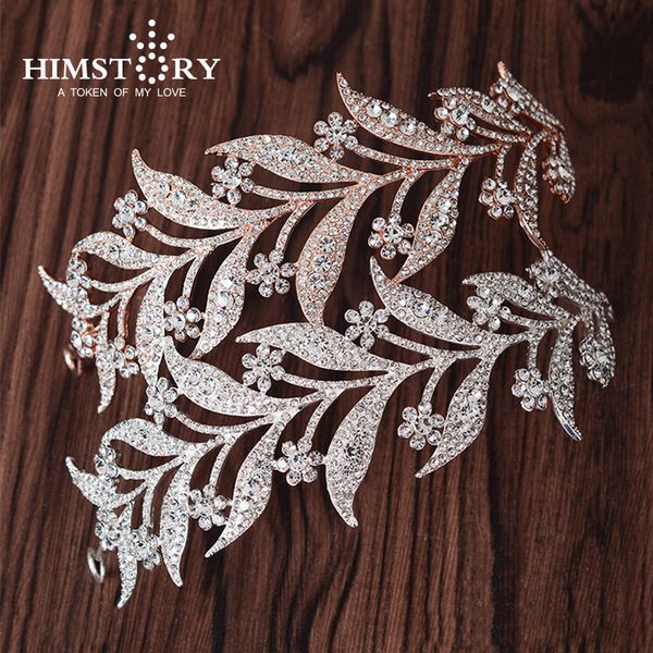 

himstory rose gold clear rhiestone crystal leaves designs hair tiara crown bridal wedding party hair accessory, Golden;white