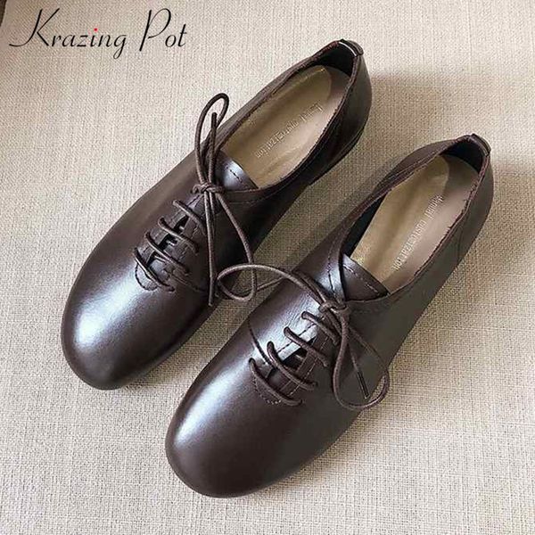 

krazing pot new full grain leather solid lace up elegant ladies shoes round toe low heels women daily wear comfortable pumps l98, Black