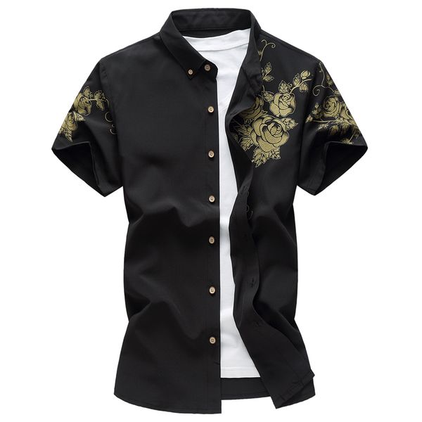 

2019 new flower printed men shirts short sleeve black white dress slim fit blouse man plus size social shirt male, White;black