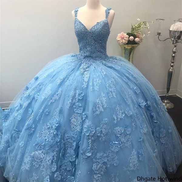 

light sky blue quinceanera dresses amazing 3d lace appliques hand made flowers with beads ball gown sweet 16 vestidos prom gowns, Blue;red