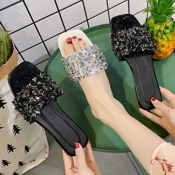 

beach shoes woman's slippers low flock slides shose women sabot 2020 soft flat bling pu rubber female shoes, Black
