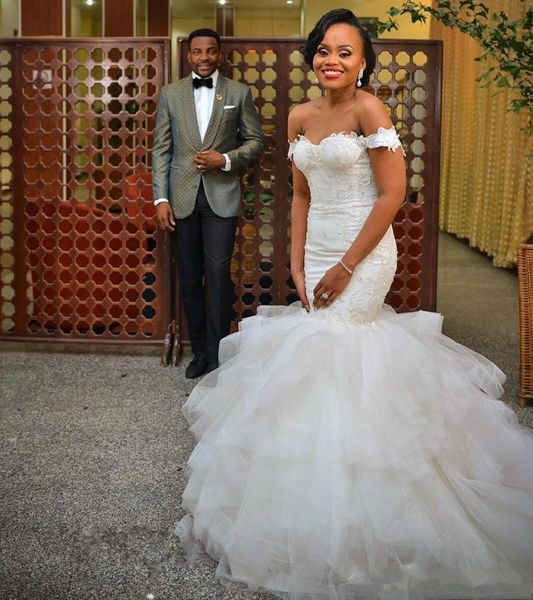 

african lace mermaid wedding dresses off the shoulder satin applique layered ruffles court train wedding bridal gowns with lace up back, White