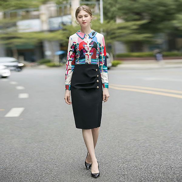 

spring autumn new women's fashion workplace party casual elegant chic print stitching black pencil dress, Black;gray