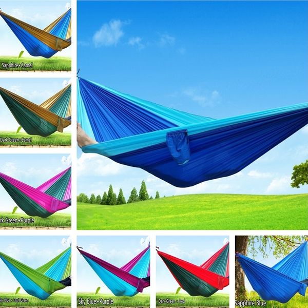 

new 270*140cm camping hammock 2 person portable parachute nylon outdoor travel sleep hammocks with ropes swing hanging bed 4959