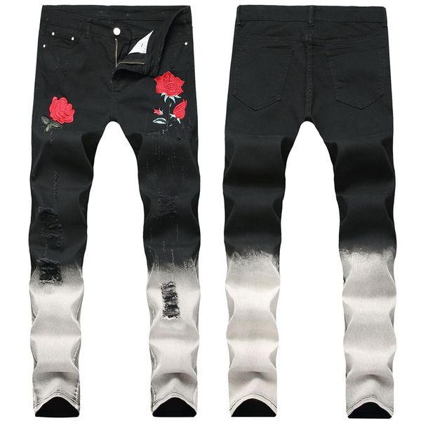 

2020 new black legged men's pants rose hole men's jeans fashion original design elastic pants length 28-42, Blue