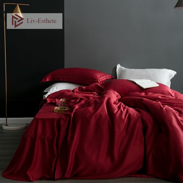 

liv-esthete women wine red 100% silk bedding set silk healthy duvet cover flat sheet pillowcace  king bed linen sets cy200519