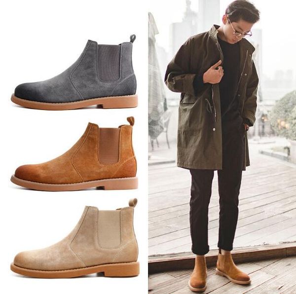 

designer vintage man suede ankle boots genuine leather martin boots flat heel high england style round toes man boots, Black