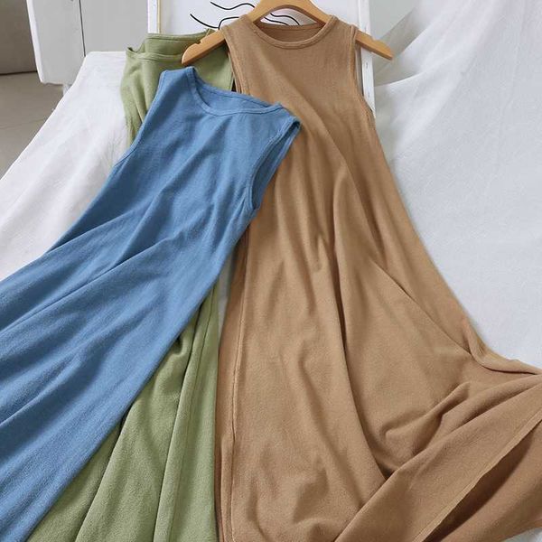 

casual korean women solid tank sleeveless mid-calf dress summer vintage o-neck elegant ladies slim a-line dresses vestidos, Black;gray