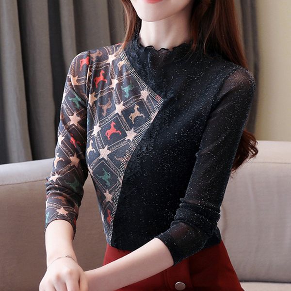 

2019 office black long sleeve solid o-neck blusas mujer slim ladies fashion winter shirts women korean clothing, White