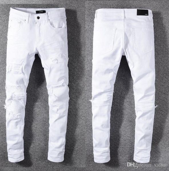 

mens ripped fold skinny white jeans fashion designer slim fit motorcycle biker hole beggar hip hop denim pants 592, Blue