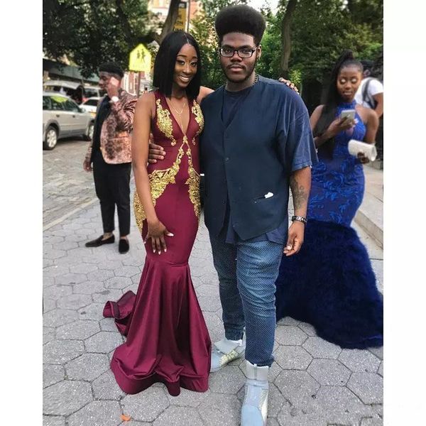 

african burgundy and gold prom dresses 2019 new design custom applique deep v-neck mermaid evening party special occasion gowns p029, Black