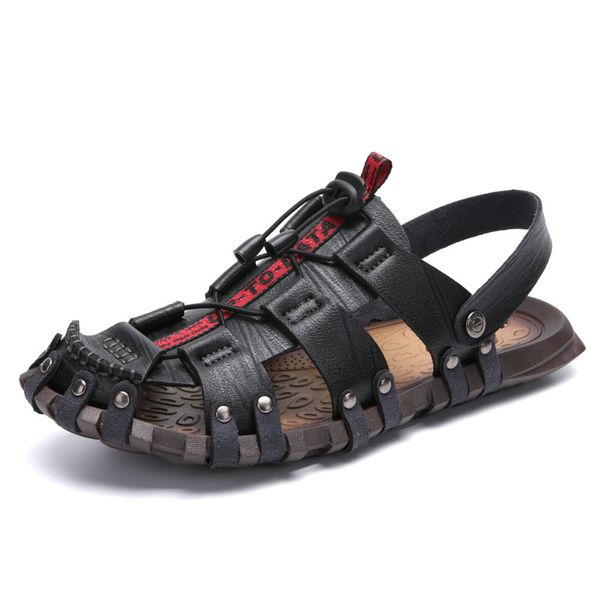 

summer sandals men's leather shoes handmade men's shoes breathable porous shoes korean-style versatile dual purpose slippers lar, Black