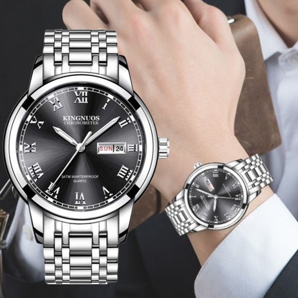 

kn new stainless steel luxury watch men sports 3m waterproof date simulation chronograph business quartz watch relogio masculino, Slivery;brown