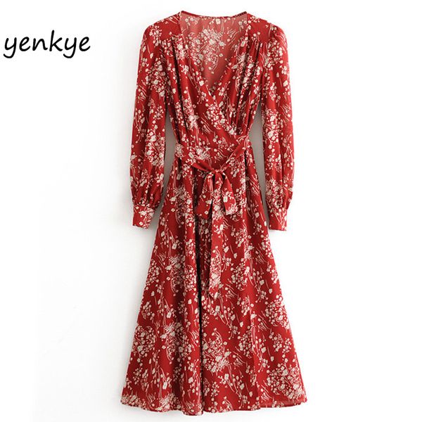 

summer dress women floral print wrap dress lady cross v neck long sleeve sashes slits a-line long omzz6885, Black;gray