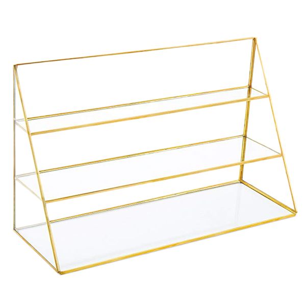 

3-tier glass jewelry display showcase with gold-tone metal frame, Pink;blue