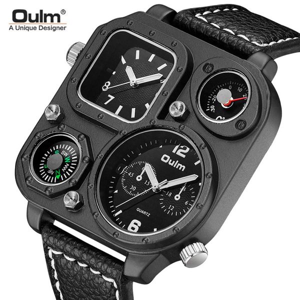 

luxury oulm men's quartz watch fashion watch compass large dial dual time zone belt square watch, Slivery;brown