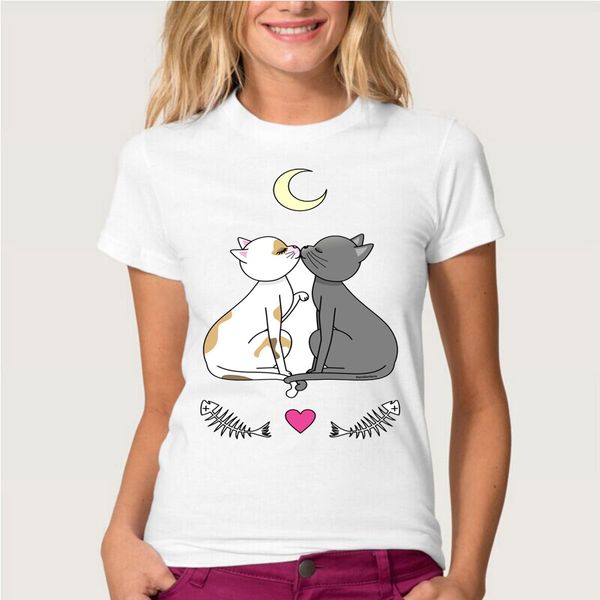 

новая летняя мода женская с коротким рукавом кошки в любви каваи футболка повседневная топы девушка прохладный битник tee милый дизайн живот, White