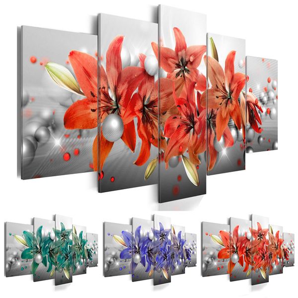 

(no frame)5pcs/set flower fashion wall art canvas painting pearl lilies flower modern home decoration,choose color:3(red,green,blue) and siz
