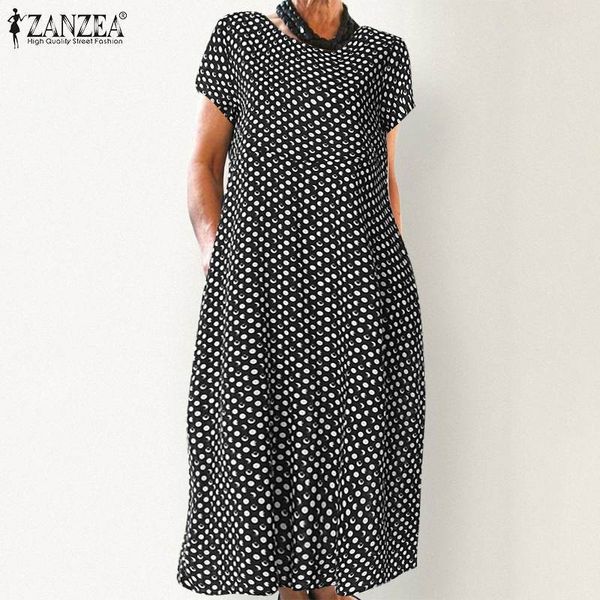 

zanzea women summer polka dot printed dress elegant office work vestido casual vintage short sleeve party sundress robe femme, Black;gray