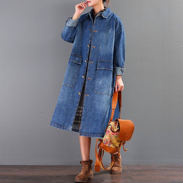 

women's trench coats spring autumn women plus size casual loose retro washed single-breasted white art pocket denim coat for female, Tan;black