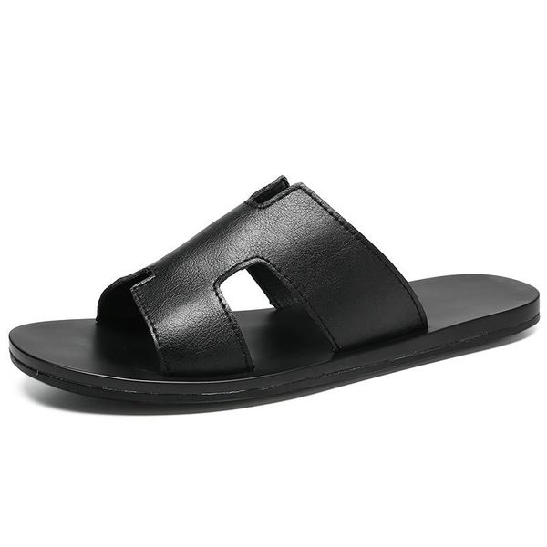 

men genuine leather sandals 2019 summer new slippers male beach casual sandals slippers dual-use plus size 38-46, Black