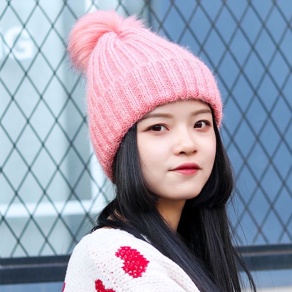 

fashion-2018 women's winter hairy hats velvet fleece inside beanies hats for wome pompom hat female twist pattern caps skullies, Blue;gray