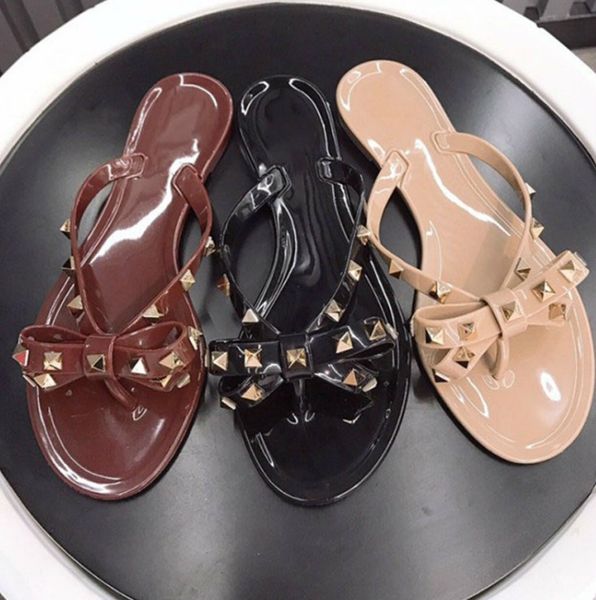 

women designer sandals rivets brand bow knot flat luxury slippers studded girl shoes cool beach jelly platform slides lady flip flops, Black