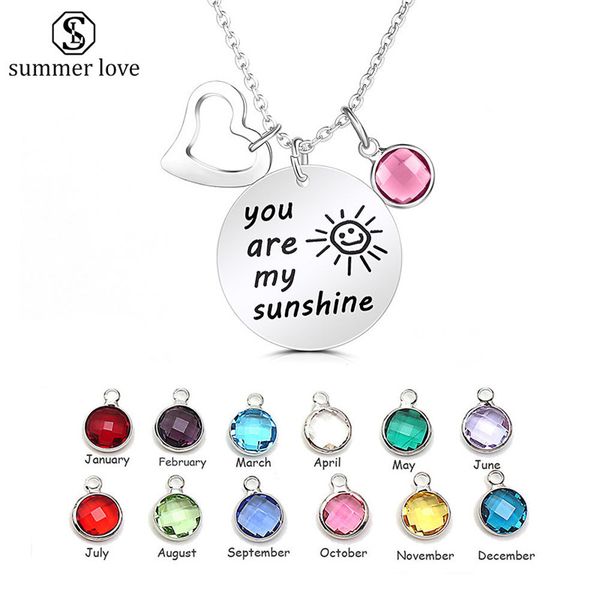 

2020 birthstone stainless steel necklace you are my sunshine lover pendent necklaces for women girl birthday gift-z, Silver