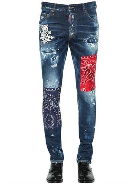

2020 mens jeanst button placket embroidered slim fit different colors stitching for men fashion elastic blue background men s designer je