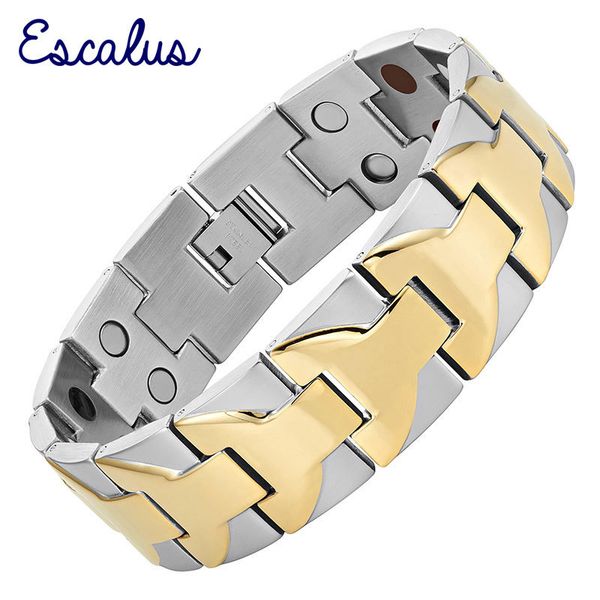 

escalus large heavy men bracelet 4in1 2-tone gold color stainless steel wide magnetic magnet big bracelet bangle wristband charm, Golden;silver