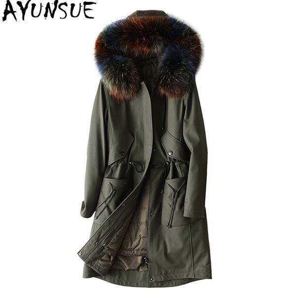 

ayunsue genuine leather jacket women long real sheepskin coat natural raccoon fur collar hooded winter down jackets 2019 x-38-1, Black