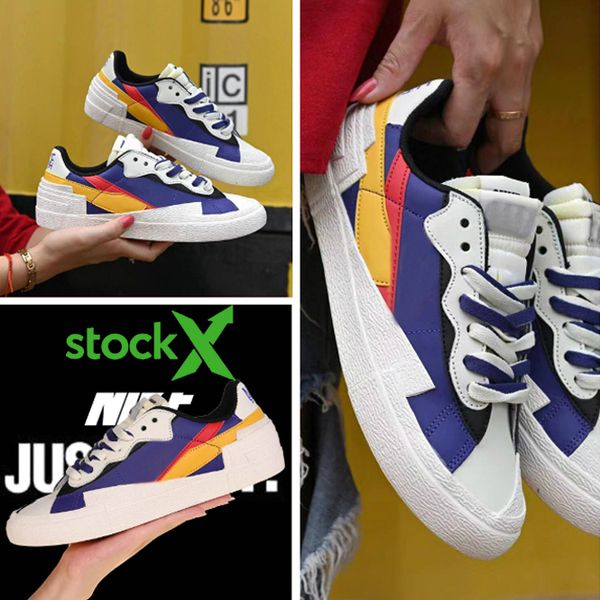

drop ship authentic sacai x mid blazer yellow varsity red maize white blue women basketball shoes sports sneakers