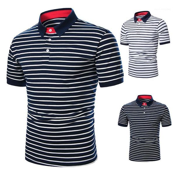 

striped printed polo shirt mens summer casual short sleeved slim lapel neck male tees two color, White;black