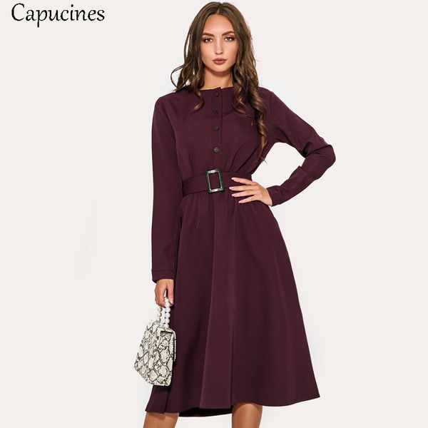

capucines vintage imitation woolen belt women dress autumn winter long sleeve midi keep warm dress solid knit a-line dresses, Black;gray